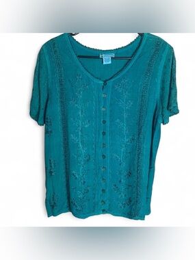 VINTAGE Just Cruising Boho Embroidered Rayon Blouse - Teal Blue - Free Size